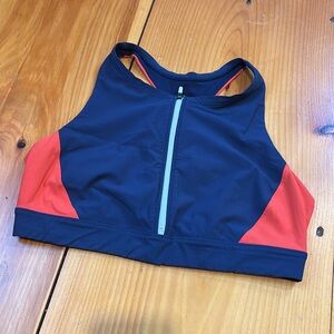 ATHLETA L Navy Blue Colorblock Zip Front Bikini Top Cut Out